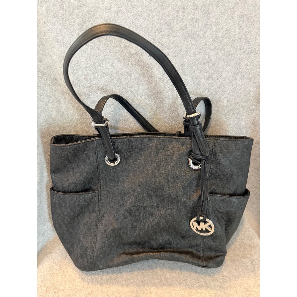 Michael Kors Voyager Medium Tote Bag Black Signature Logo Shoulder Bag Silver HW